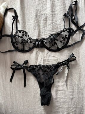 Delicate Black Sheer Lace Bra & Tie-Side Thong Set